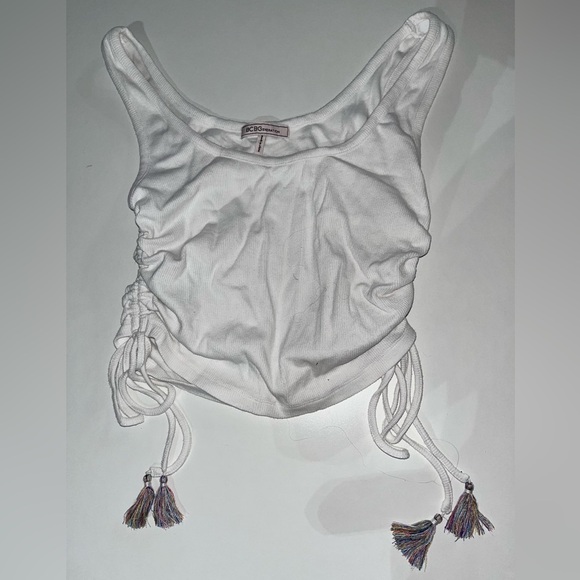 BCBG Multicolored Tassel Side-Drawstring Cropped Tank Top White - Picture 3 of 9